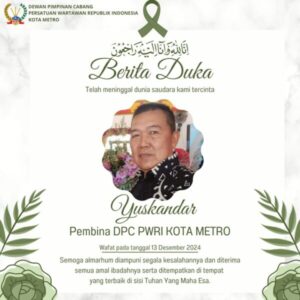 Duka Mendalam, Dewan Pembina PWRI Kota Metro Yuskandar Wafat