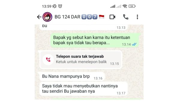 Bukti percakapan WA dugaan pemerasan wartawan Radar007 terhadap bendahara Prabu Satu Nasional