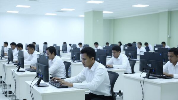 Calon pelamar mengikuti seleksi CPNS di ruang ujian berbasis komputer.