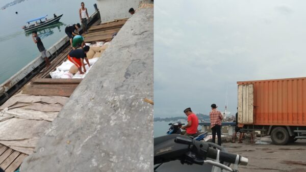 Aktivitas pemindahan sembako dan rokok ilegal di pelabuhan tikus Tanjung Riau Batam.