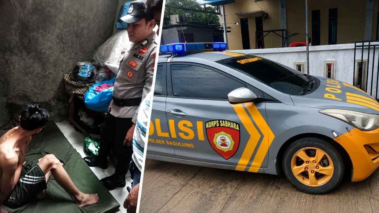 Petugas Polsek Sagulung saat melakukan penanganan terhadap pemuda yang diduga mabuk lem di wilayah Sei Pelunggut, Batam.