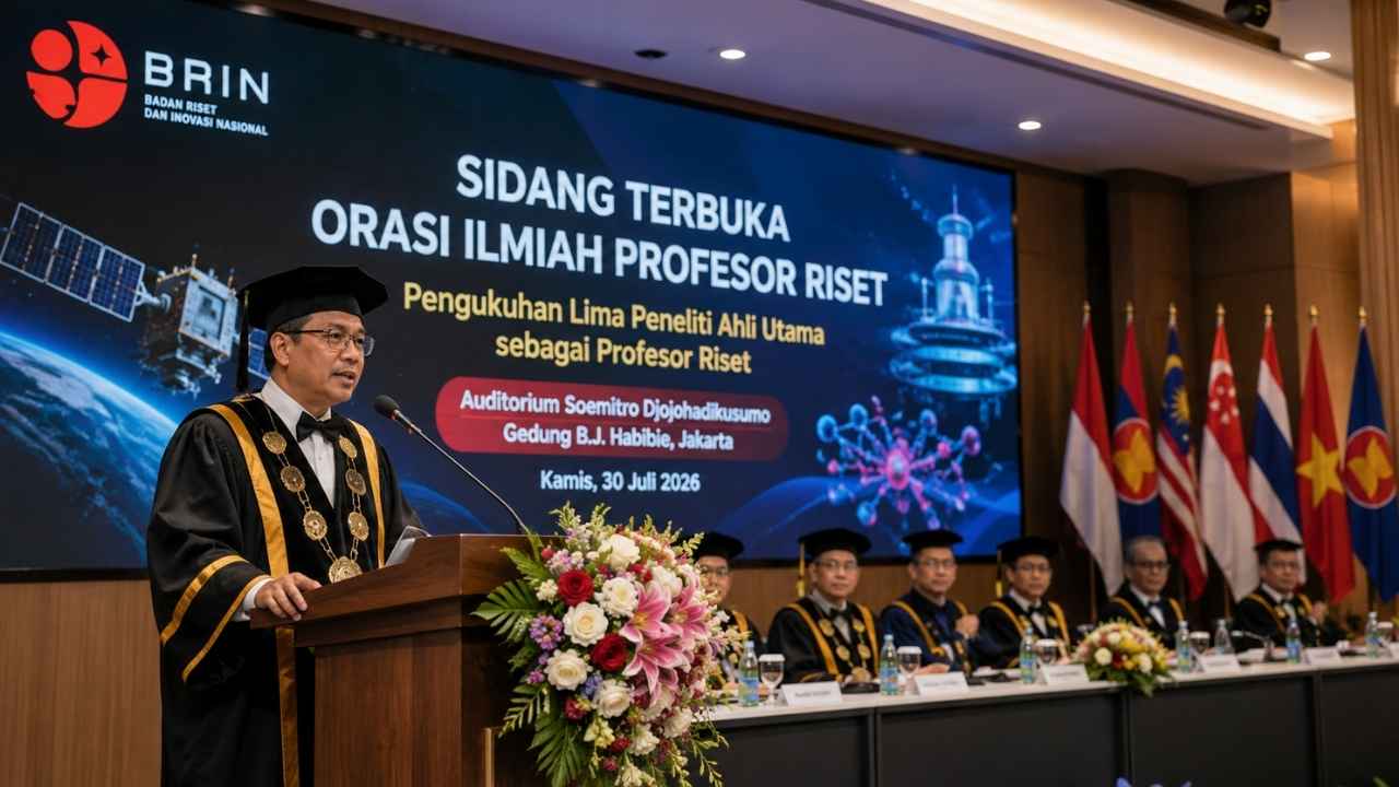 Lima Peneliti Ahli Utama BRIN dikukuhkan sebagai Profesor Riset dalam Sidang Terbuka Orasi Ilmiah Profesor Riset di Jakarta.