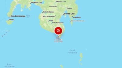 Peta lokasi gempa Magnitudo 6,4 di perairan utara Sulawesi Utara dekat Kepulauan Talaud berdasarkan data BMKG.
