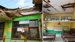 Kondisi atap dan bangunan SDN Cianaga Sukabumi yang mengalami kerusakan.