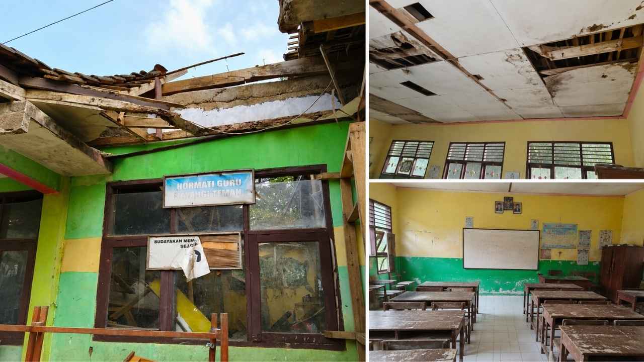 Kondisi atap dan bangunan SDN Cianaga Sukabumi yang mengalami kerusakan.