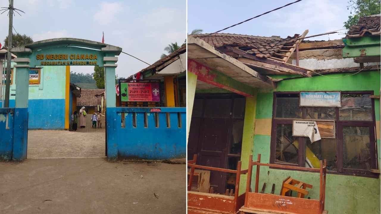 Kondisi SDN Cianaga Sukabumi dan tanggapan Dinas Pendidikan terkait pendataan sarana prasarana sekolah.