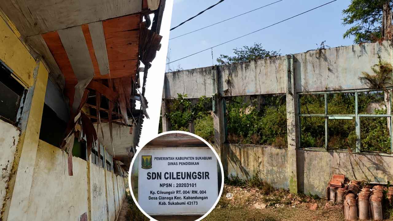 Kondisi bangunan SDN Cileungsir di Kabupaten Sukabumi yang mengalami kerusakan berat dan membutuhkan rehabilitasi segera.