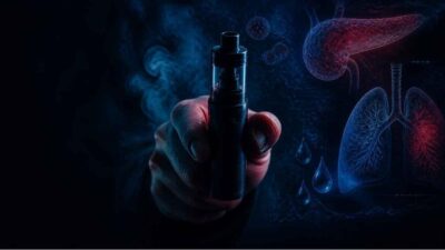 Ilustrasi vape dan dampaknya terhadap kesehatan paru-paru.