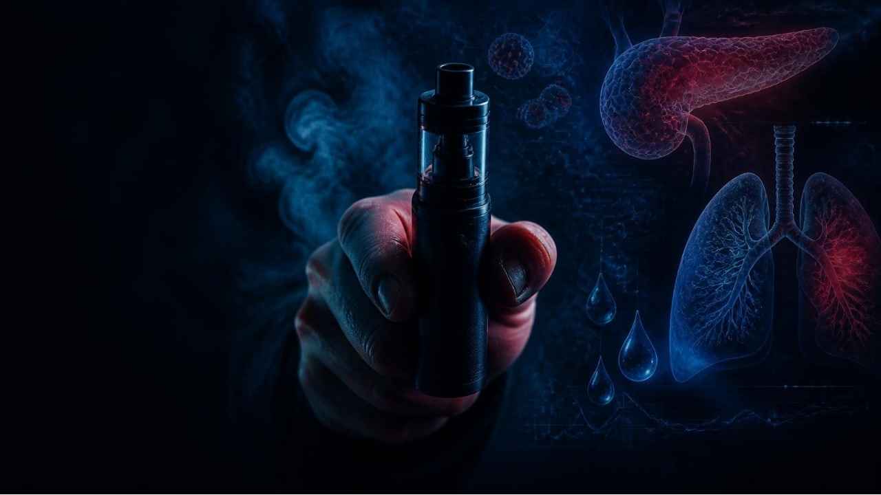 Ilustrasi vape dan dampaknya terhadap kesehatan paru-paru.