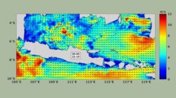 Ilustrasi KM Virgo Transport 8 di Laut Jawa dengan gelombang sedang berdasarkan analisis oseanografi BRIN.