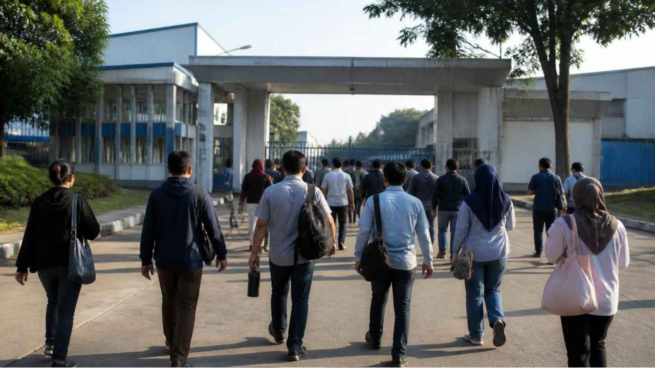 Pekerja di kawasan industri terkait data 63.789 laporan PHK di Indonesia hingga September 2026.