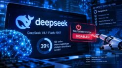 Ilustrasi logo DeepSeek dan sistem keamanan kecerdasan buatan.